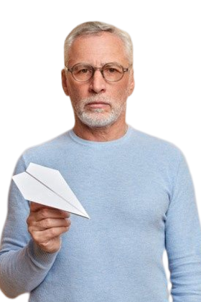 Free Photo _ Serious senior man with thick beard holds paper air plane looks confidently at front holds paper airplane wears optical glasses casual jumper poses over beige wall