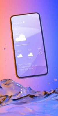 Premium PSD _ Smartphone with weather app and colorful liquid background