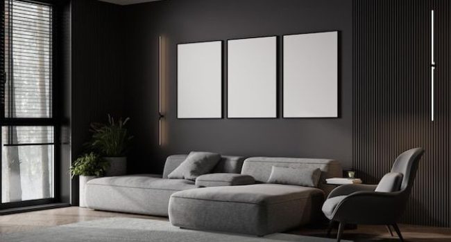 Premium Photo _ Frame mockup in luxury modern dark living room interior empty wall mock up 3d render
